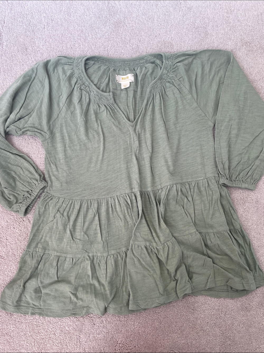 Maeve by Anthropologie- Moss Green Smocked Neck Tiered Peasant Top